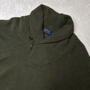 Ralph‎ Lauren Sweater Men's  Large Olive Green Shawl Collar Pony Elbow Pads